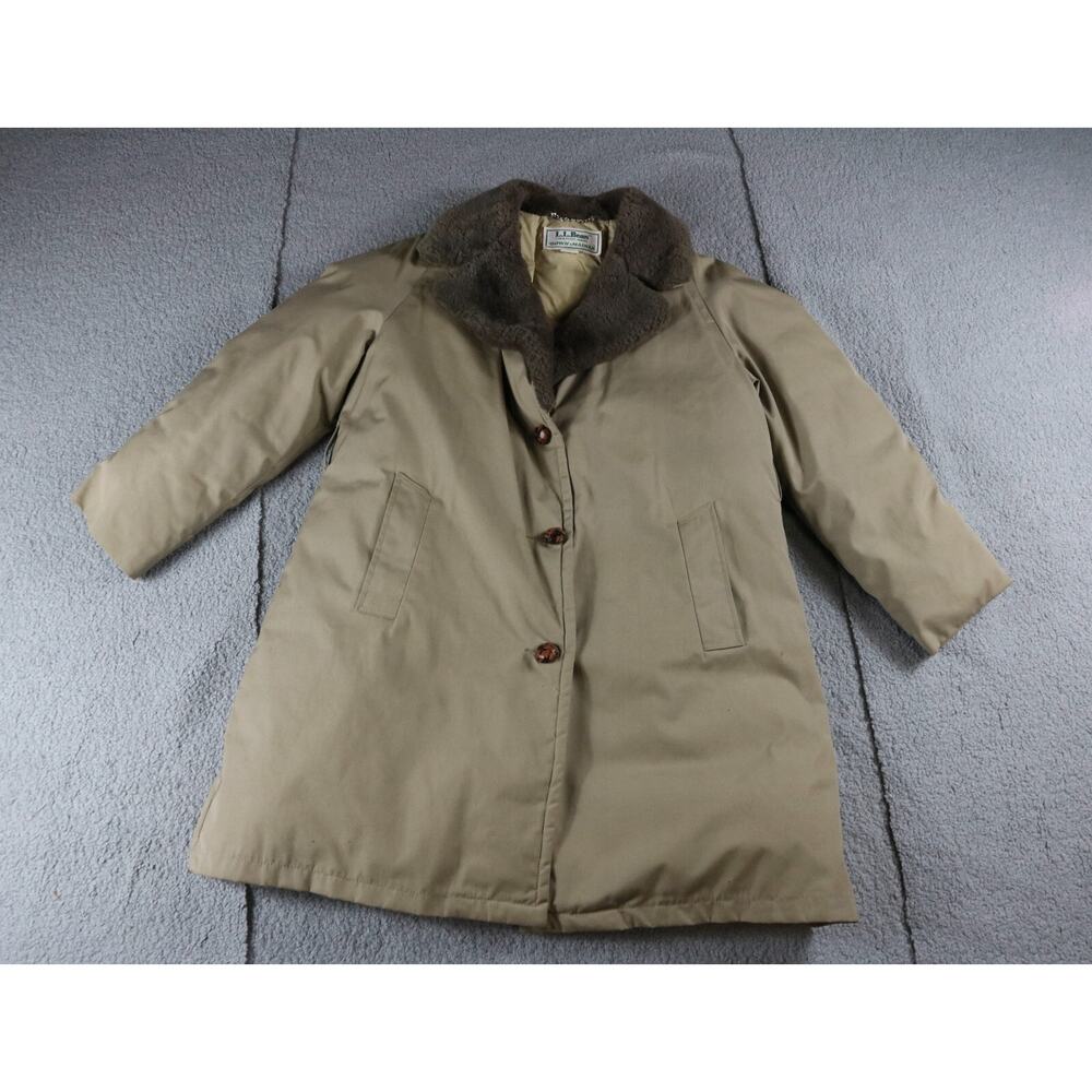 L.L. Bean Coat Womens 18 Brown Mainer Down Trench Fur Trim Lamb 70s Vintage